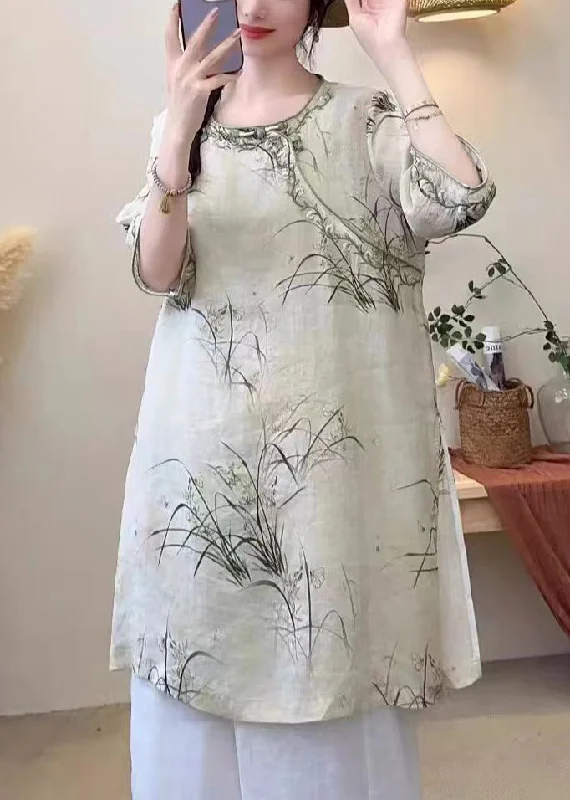 Water-resistant women's topsVintage Light Green Print Side Open Linen Shirt Half Sleeve