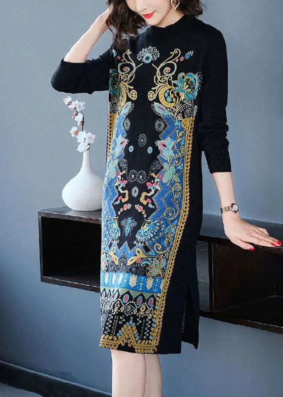 Geometric print women's sweaterClassy Black Turtle Neck Side Open Print Knit Sweater Dress Winter