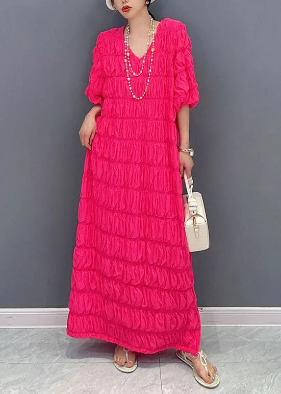Bohemian women's dressesOrganic Red V Neck Wrinkled Patchwork Cotton Dresses Summer