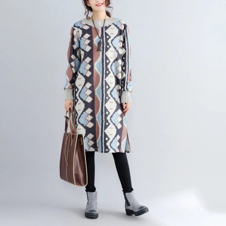 Faux fur women's sweaternew khaki prints woolen sweater dresses oversize side open knit dress