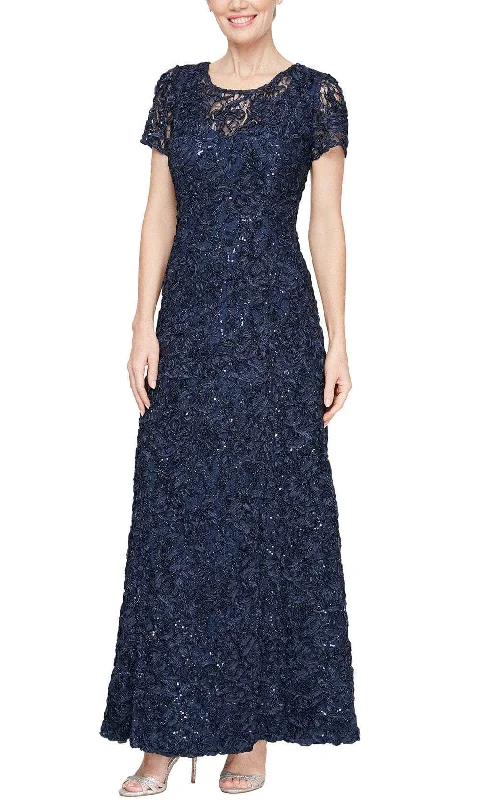 Godet dresses for womenAlex Evenings 81122670 - Short Sleeve Floral Motif Long Dress