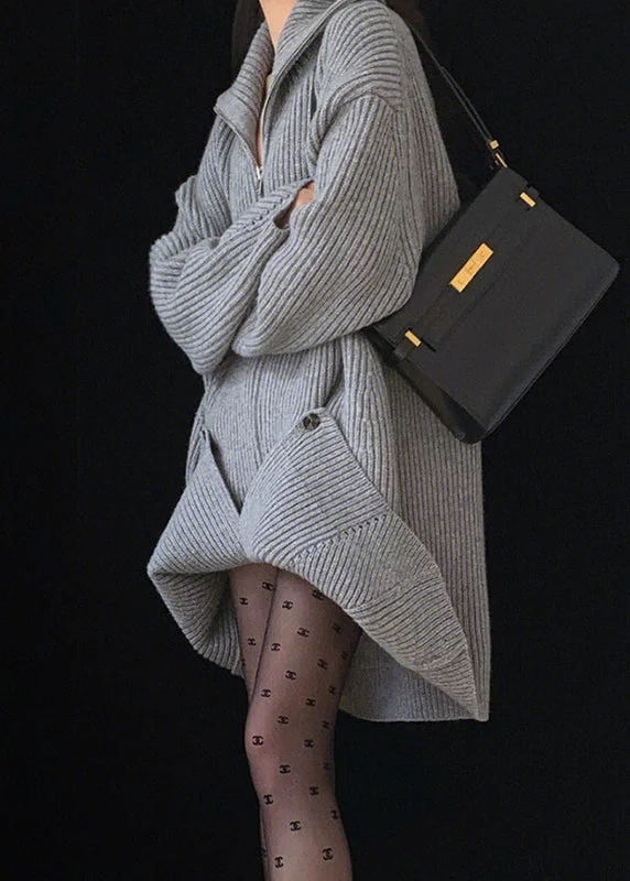 Transitional women's sweaterLoose Grey Peter Pan Collar Zip Up Knit Sweater Dress Fall