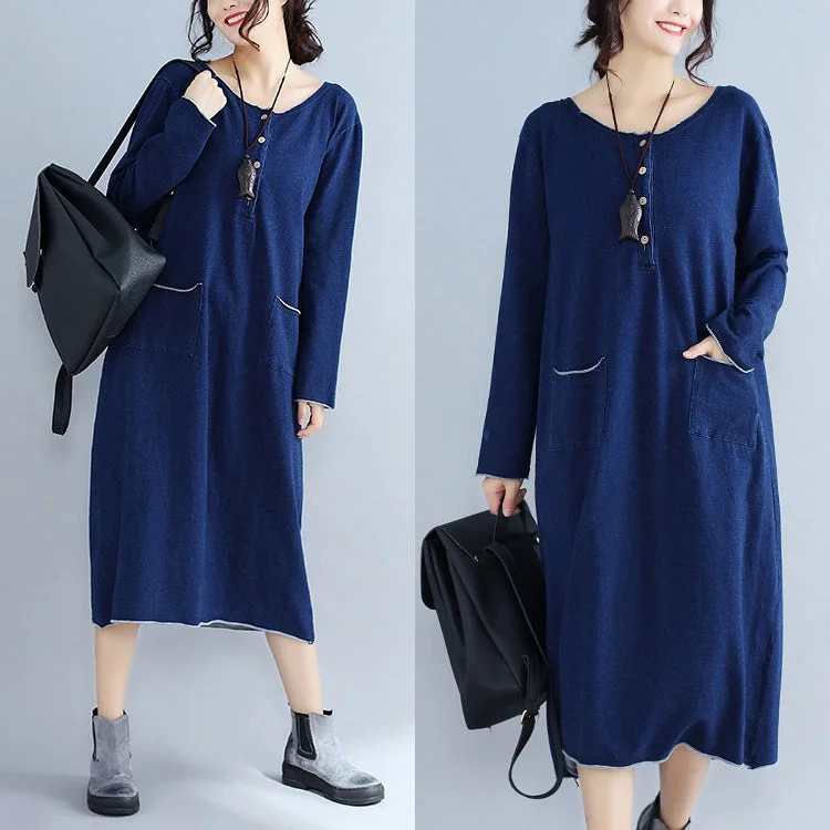 Vintage women's sweaterbaggy new navy fashion casual knit dresses loose long sleeve pockets sweater dress