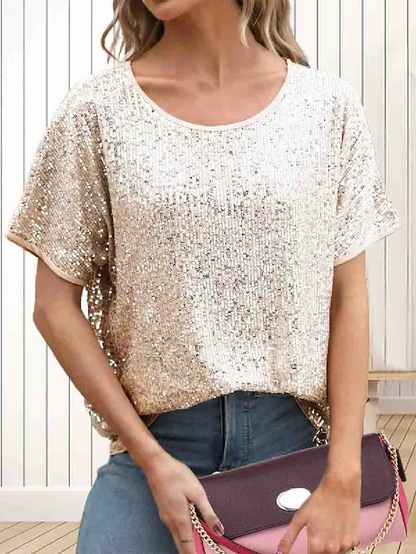 Metallic women's topsSpring And Summer Loose Round Neck Gold Glitter Shirt