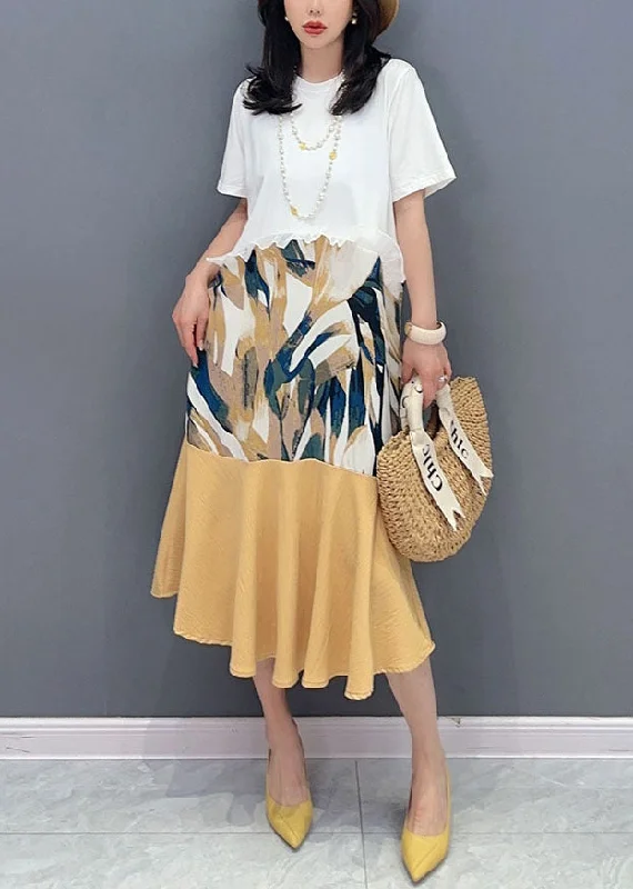 Women's casual dressesBoutique White Ruffled Print Patchwork Cotton Long Dresses Summer