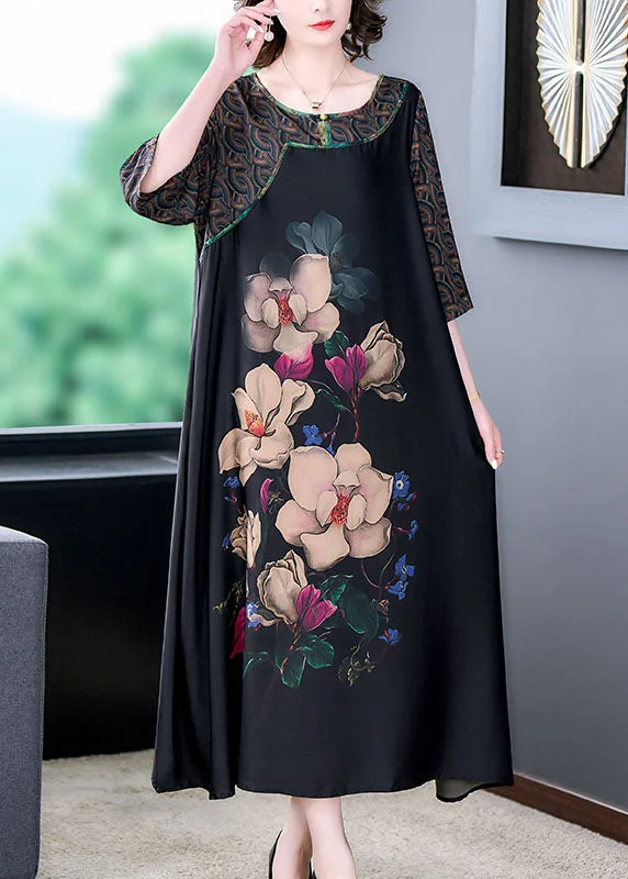 Handmade dresses for unique fashion statementsNatural Black O Neck Floral Print Patchwork Silk Long Dresses Summer