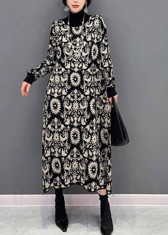 Eco-friendly women's sweaterSlim Fit Black Turtleneck Print Knit Sweaters Dresses Winter