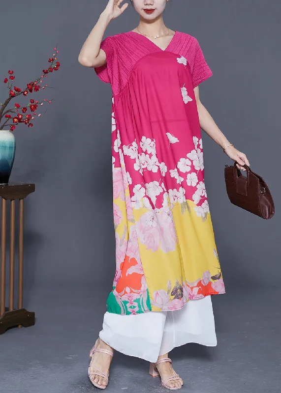 Tight-fitting dresses for womenPlus Size Rose V Neck Patchwork Print Silk Beach Dress Summer