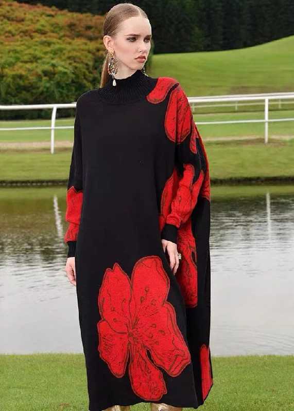 Bodycon dresses for womenFrench Black Turtleneck Print Cotton Knit Long Sweater Dress Fall