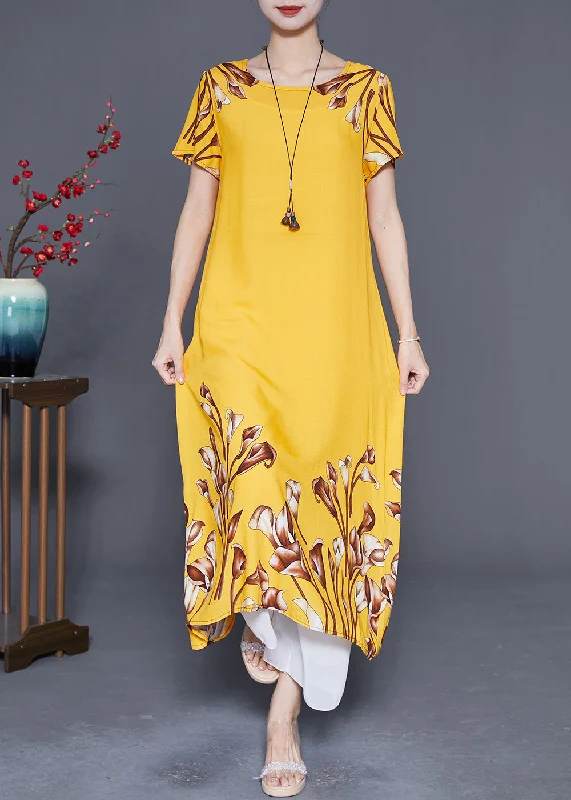 High-low hem dresses for womenItalian Yellow Oversized Print Cotton Long Dresses Summer