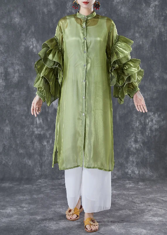 Dancewear dresses for performancesWomen Green Stand Collar Patchwork Chiffon Holiday Dress Summer