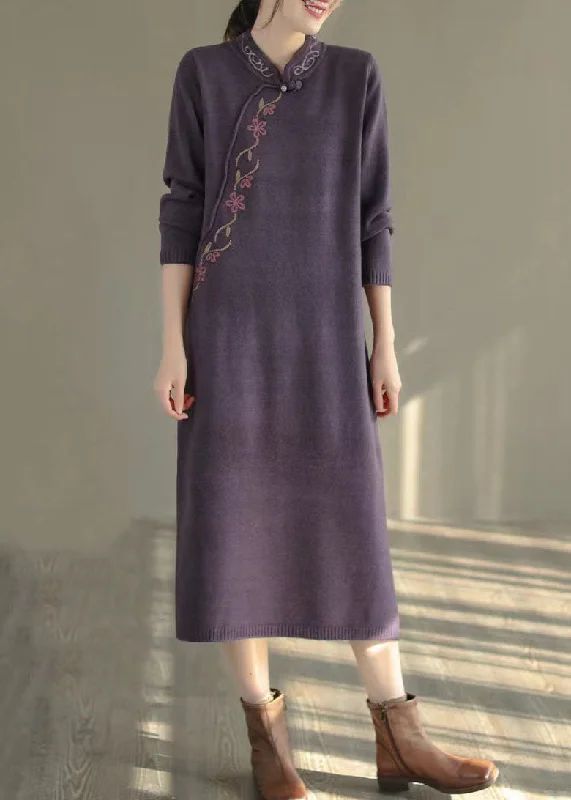 Peter Pan collar women's sweaterWomen Purple Stand Collar Embroideried Knit Sweater Dress Winter