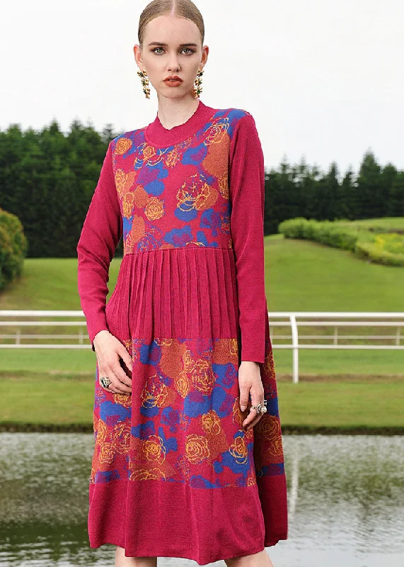 Zipper women's sweaterBoutique Mulberry O-Neck Print Wrinkled Wool Knit Sweater Long Dress Fall