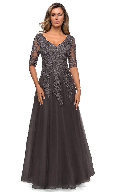 Long flowy dresses for womenLa Femme - 27993 Floral Lace V Neck A-Line Long Dress