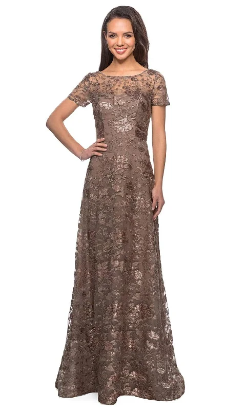 Polka dot dresses for womenLa Femme - Floral Adorned Illusion Bateau Long Gown 27839SC
