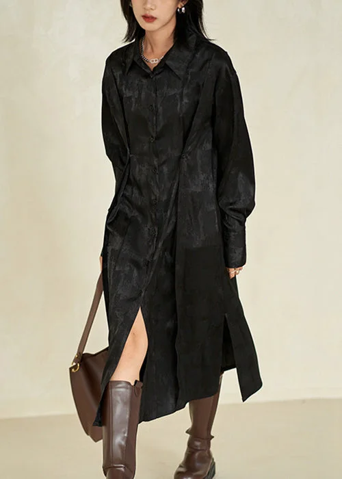 Women's casual dressesNew Black Print Side Open Cotton Blouse Long Dresses Fall