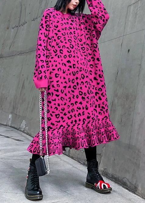 Olive green women's sweaterCozy rose Leopard Sweater weather Vintage stand collar Hole Tejidos sweater dress