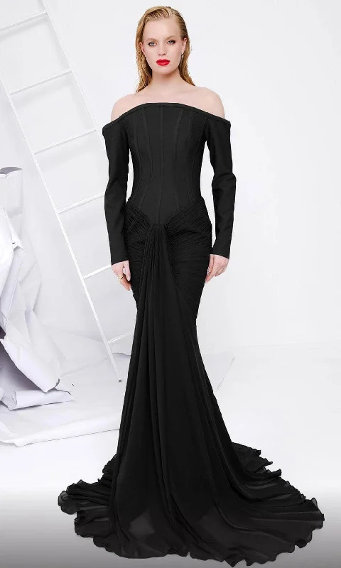 women's suit sets with ventless backsMNM Couture B1112 - Long Sleeve Corset Evening Gown