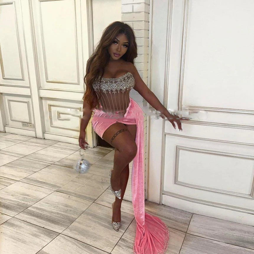 Embroidered dresses for womenvestidos de cóctel Trendy Short Prom Gowns Pink Mini Dress with Overlay Velvet Sexy Pleated Flowing Prom Dress Beading Crystals