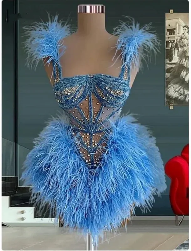 Checkered dresses for womenLuxury Blue Feathers Short Prom Dresses Crystal Beading Mini Party Dress For Women Cocktail Evening Gowns