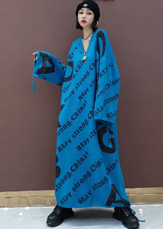 Charcoal grey women's sweaterBlue Print loose Knit Sweater long Dress Spring