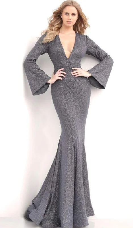 Denim dresses for womenJovani - Plunging V-neck Long Bell Sleeve Mermaid Evening Gown 63174SC - 1 pc Gunmetal In Size 20 Available