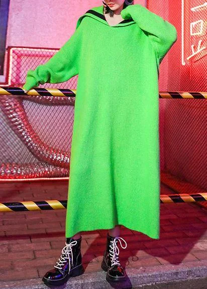 Activewear women's sweaterCute green Sweater dresses plus size Sailor Collar Art winter sweater dresses