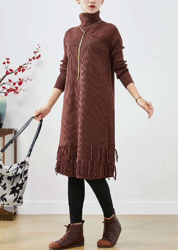 Vintage women's sweaterChocolate Knit Sweater Dress High Neck Tasseled Fall
