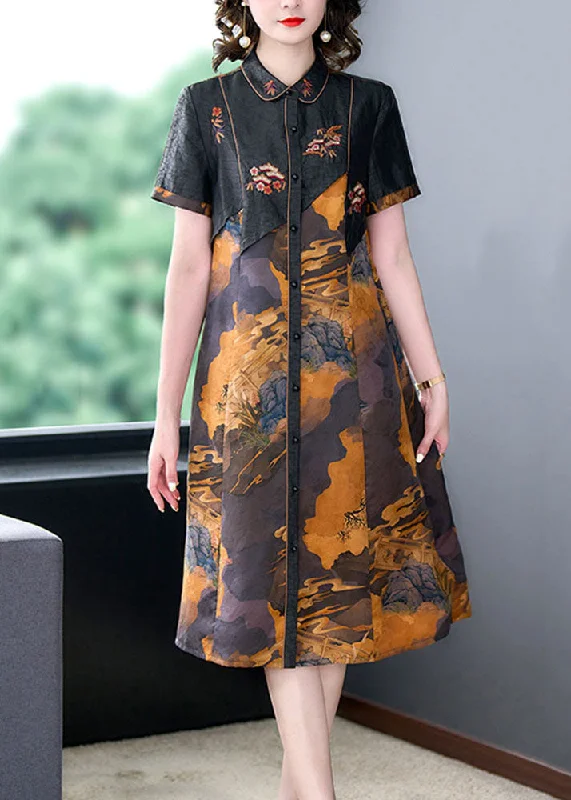 Velvet dresses for winterVintage Black Print Button Patchwork Silk Mid Dress Summer