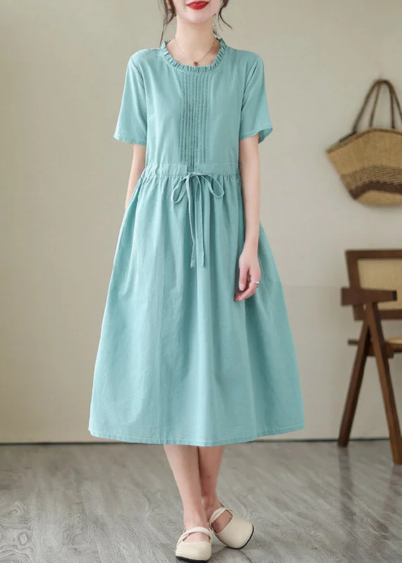 Festival dresses for music and arts eventsCute Green O-Neck Patchwork Tie Waist Solid Linen Long Dresses Short Sleeve