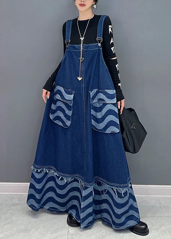 Flowy dresses for womenLoose Blue Pockets Patchwork Denim Spaghetti Strap Dress Dresses Fall