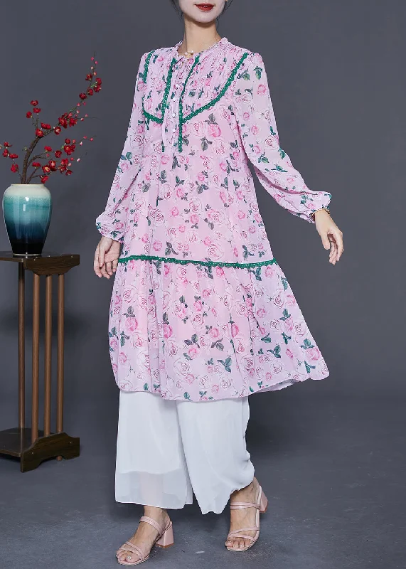 Cold-shoulder dresses for womenWomen Pink Wrinkled Patchwork Print Chiffon Beach Dress Summer