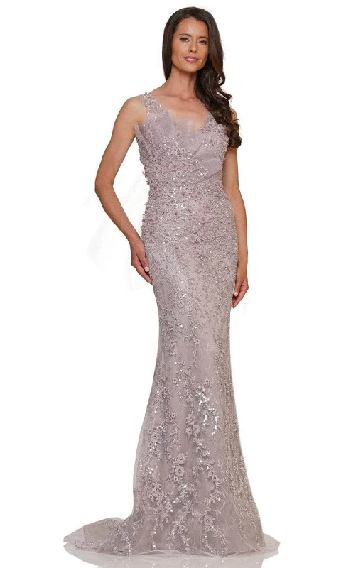 Velvet dresses for womenMarsoni by Colors MV1279 - 3D Floral Applique V-Neck Long Dress
