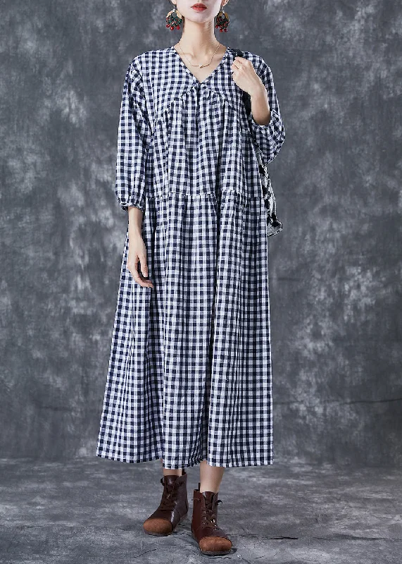 Motherhood dresses for pregnant womenItalian Blue V Neck Patchwork Plaid Cotton Long Dress Summer