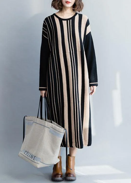 Autumn women's sweaterKnitted black striped Sweater dress outfit Women high waist Funny fall knit dress