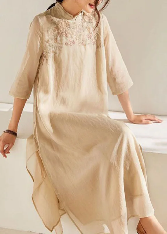 Transitional dresses for in-between seasonsChinese Style Apricot Stand Collar Embroideried Patchwork Silk Dress Summer