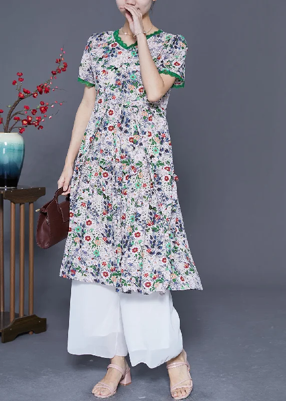 High-low hem dresses for womenItalian Green Print Lace Patchwork Exra Large Hem Chiffon Dresses Summer