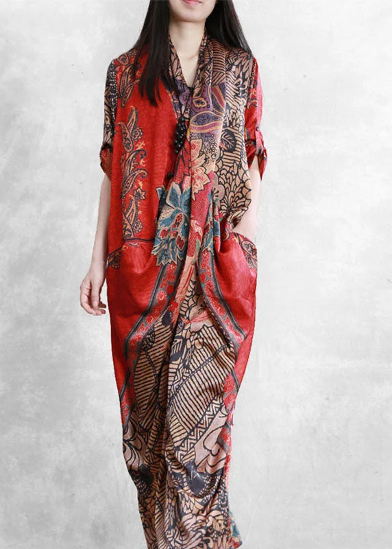 Solid color dresses for womenWomen Red Asymmetrical Pockets Print Patchwork Silk Long Dress Summer