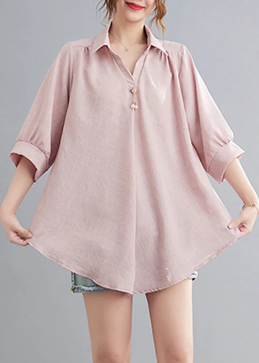 Autumn women's topsDIY Pink Cozy Solid Linen Shirt Summer