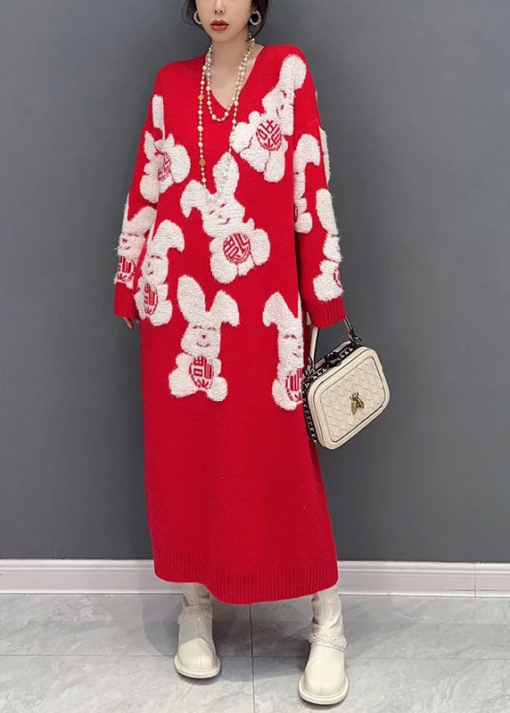 Local artisan women's sweaterArt Red V Neck Oversized Rabbit Jacquard Knit Sweater Dress Winter