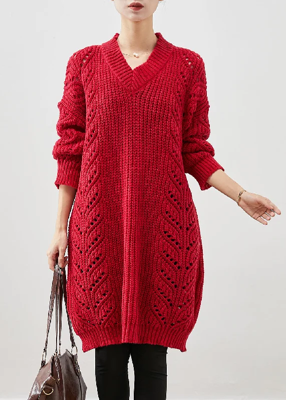 Color-block women's sweaterStyle Red Oversized Hollow Out Knit Sweater Dress Winter