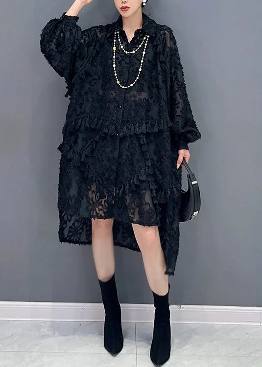 Workout dresses for active lifestylesStylish Black Tasseled Low High Design Patchwork Tulle Dress Fall