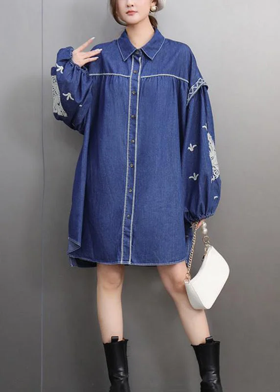One-shoulder women's topsPlus Size Blue Peter Pan Collar Embroidered Denin Long Shirts Lantern Sleeve