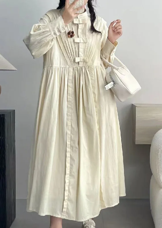 Layering dresses for versatile stylingElegant Beige Wrinkled Button Cotton Dresses Long Sleeve