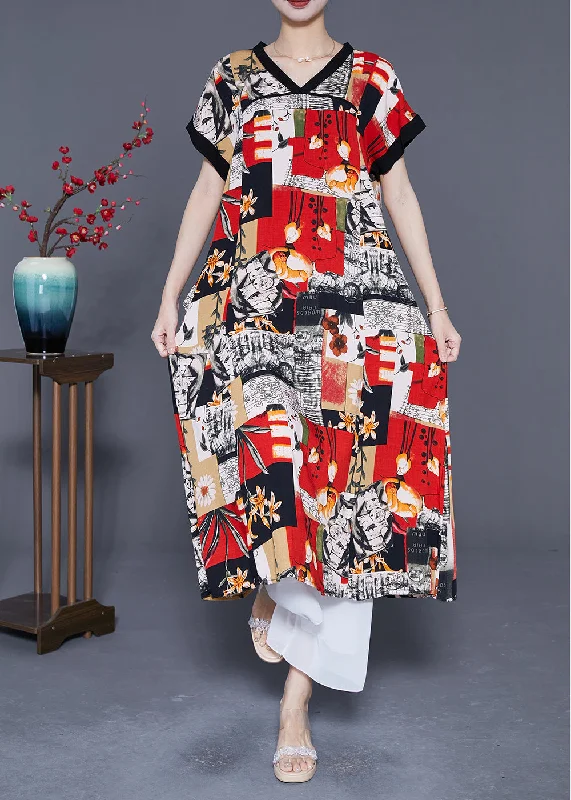 Lace dresses for womenModern Red V Neck Print Cotton Long Dresses Summer
