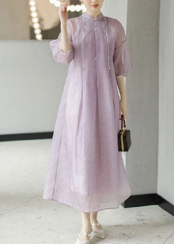 Little white dresses (LWDs) for womenChinese Style light Purple Nail Bead Patchwork Silk Long Dress Summer