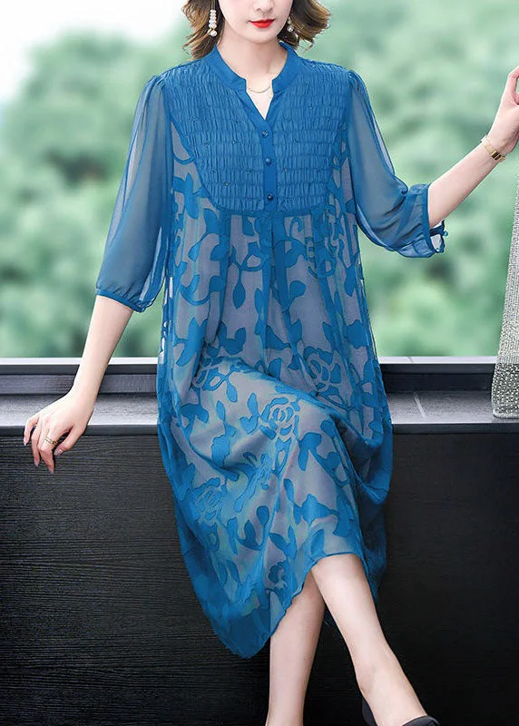 Sleeveless dresses for womenItalian Blue Stand Collar Print Patchwork Chiffon Dresses Summer