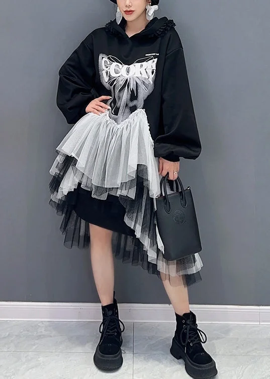 Batwing sleeve dresses for womenStyle Black Hooded Wrinkled Asymmetrical Tulle Patchwork Cotton Dresses Fall