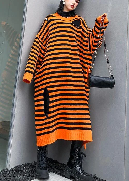 Layering women's sweaterAesthetic o neck Hole Sweater fall dress DIY orange striped daily knitted dress