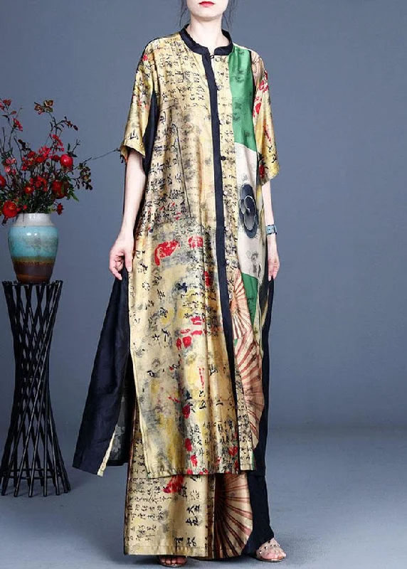 Luxury women's topsStylish Yellow Asymmetrical Design retro Print Summer long shirts Two Pieces Set